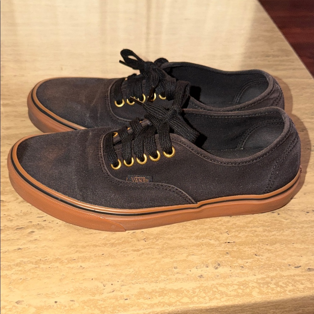 Vans Black Canvas Low-Top Sneakers with Gum Sole and Gold Eyelets